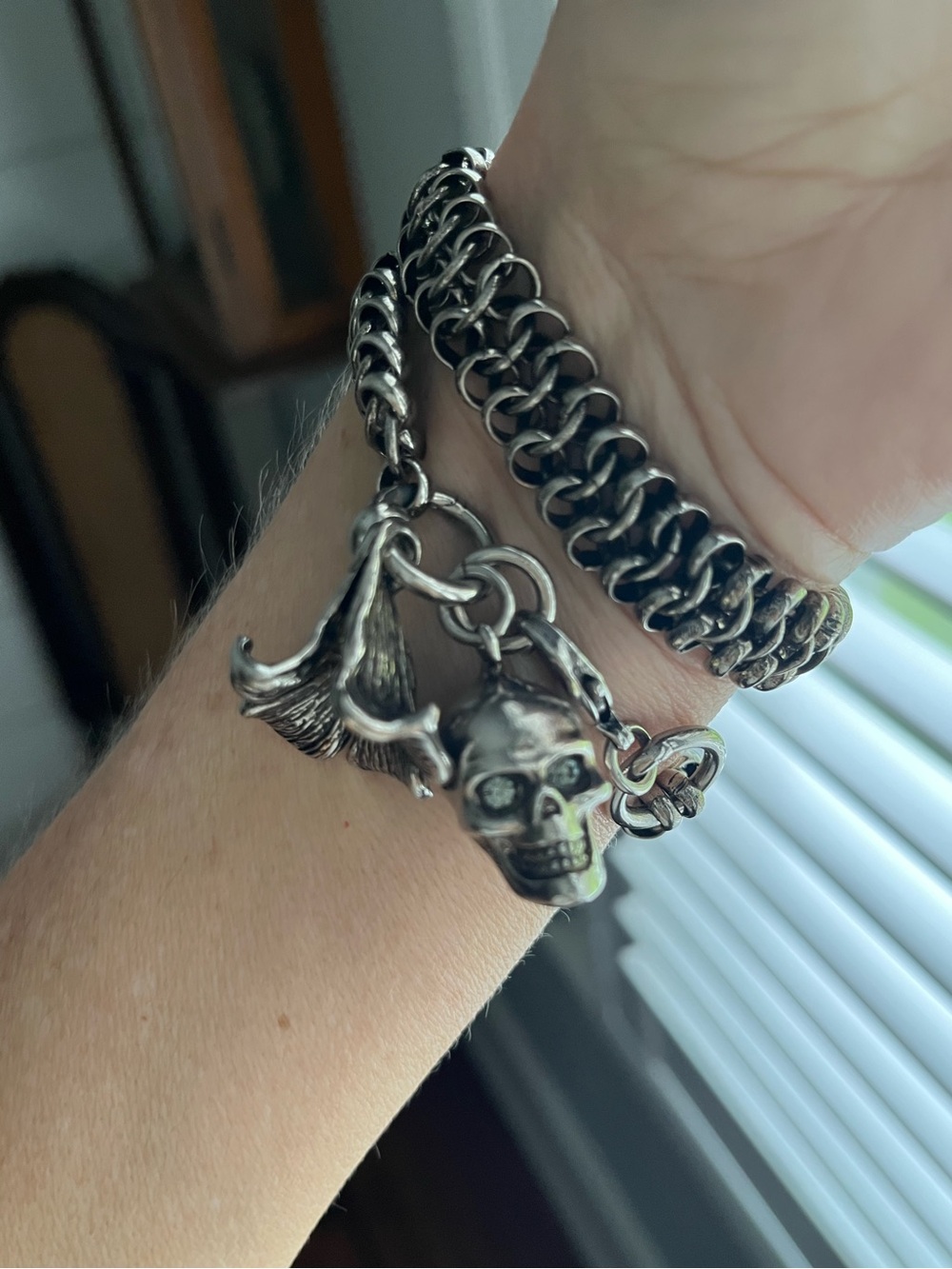 Alexander McQueen Iris and Skull Antique Silver Double Wrap Brass Bracelet